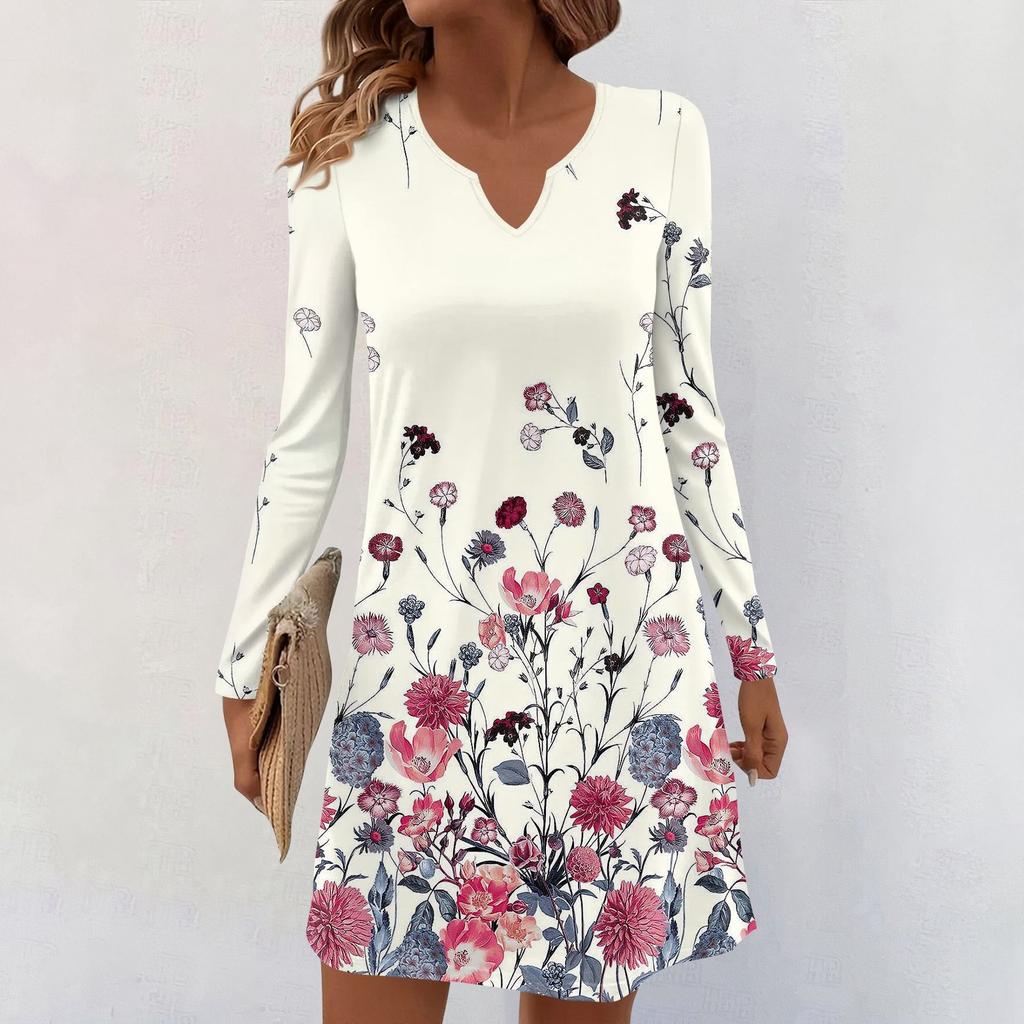 Women's Long-sleeved Casual Midi Dresses V-Neck Print Casual Dress