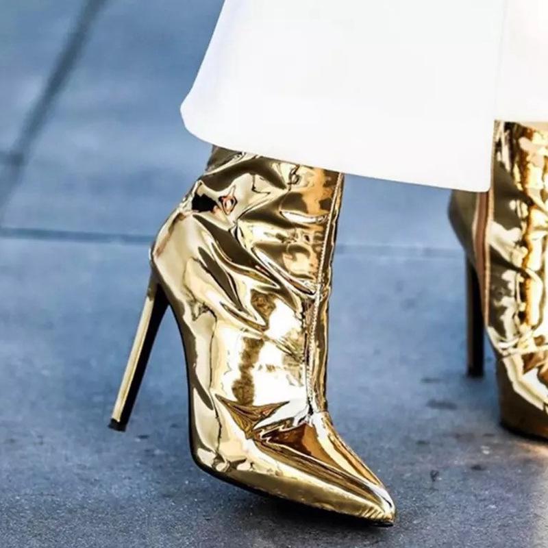 Мода 2024 Дизайнерские Ботильоны Женские Модные Ботильоны На Молнии С Высоким Каблуком Золотые Серебряные Лакированные Кожаные Короткие Ботильоны Обувь Подиумная Обувь