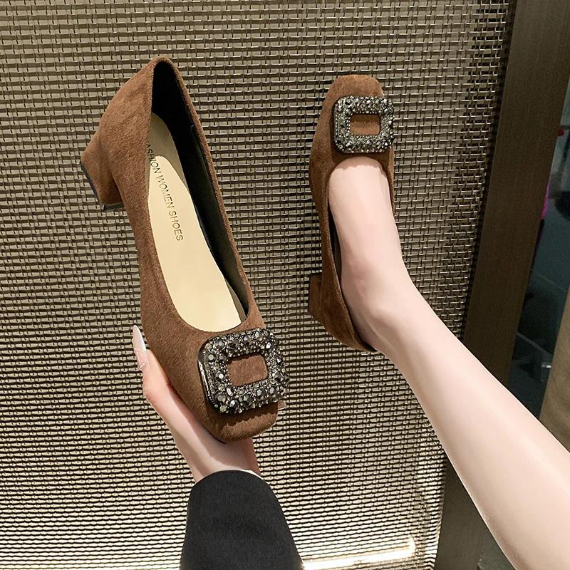 2024 Woman Square Toe Square Buckle Shoes Rhinestone Shallow Mouth High Heel Female Shoes Elegant French Suede Shoes
