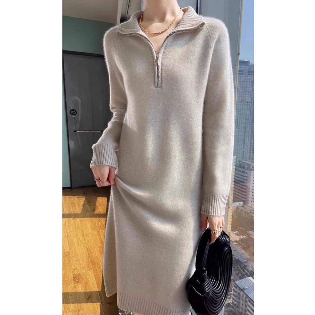 Semi-turtleneck Zipper Sweater Skirt Autumn and Winter New Lazy Long Loose Large Size Knitted Dress Women