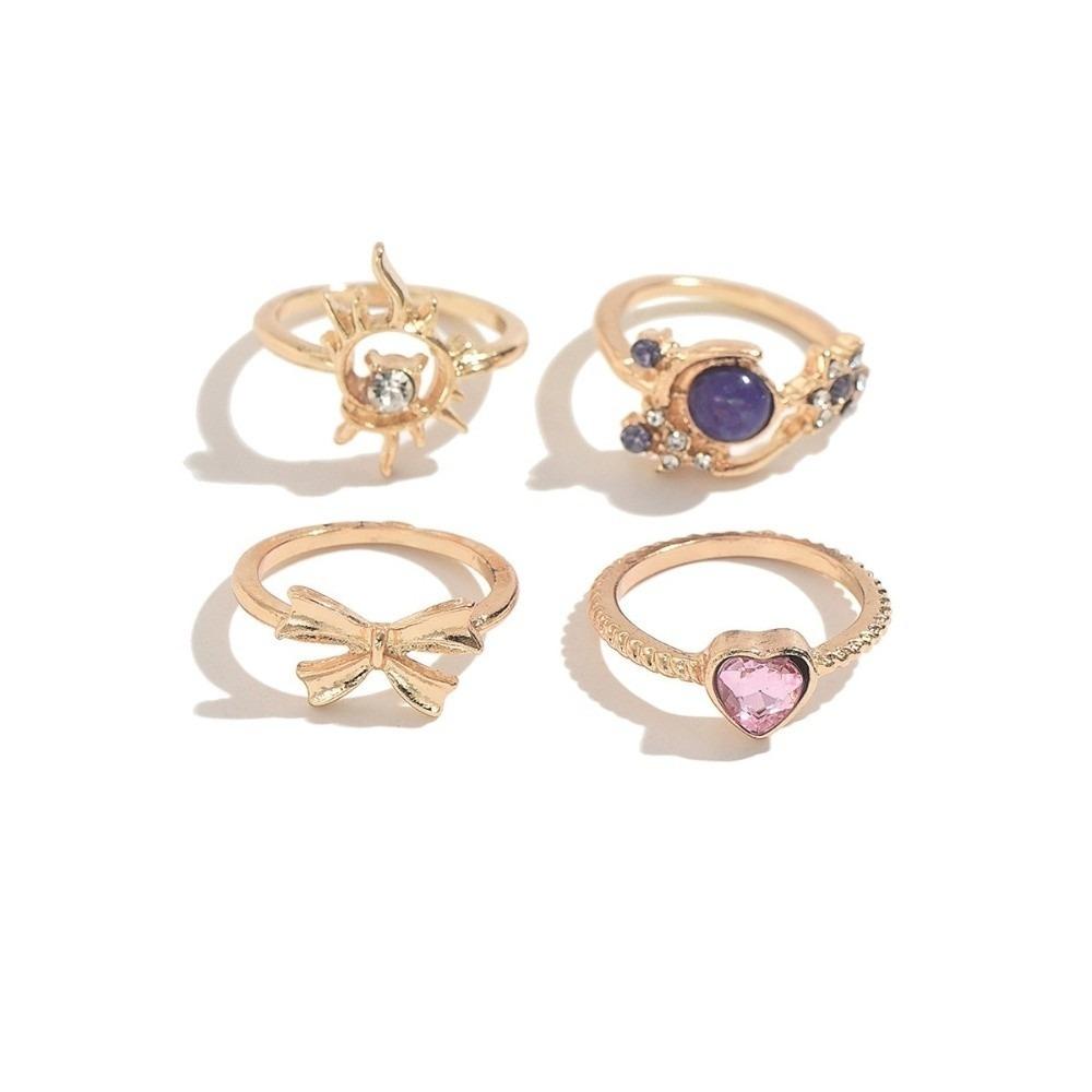 Shiny Sun Moon Ring Set Inlaid Purple Gem Adjustable Finger Jewelry Unique Stackable Rings Party