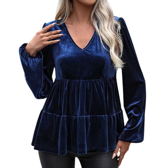 Женские топы с V-образным вырезом, фонарики, длинные рукава, однотонные пуловеры, топы с оборками и строчкой по низу