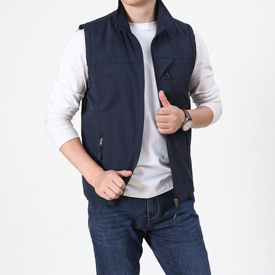 Мужской летний жилет без рукавов с лацканами, жилет с 2 карманами на молнии, куртка-карго, уличная одежда