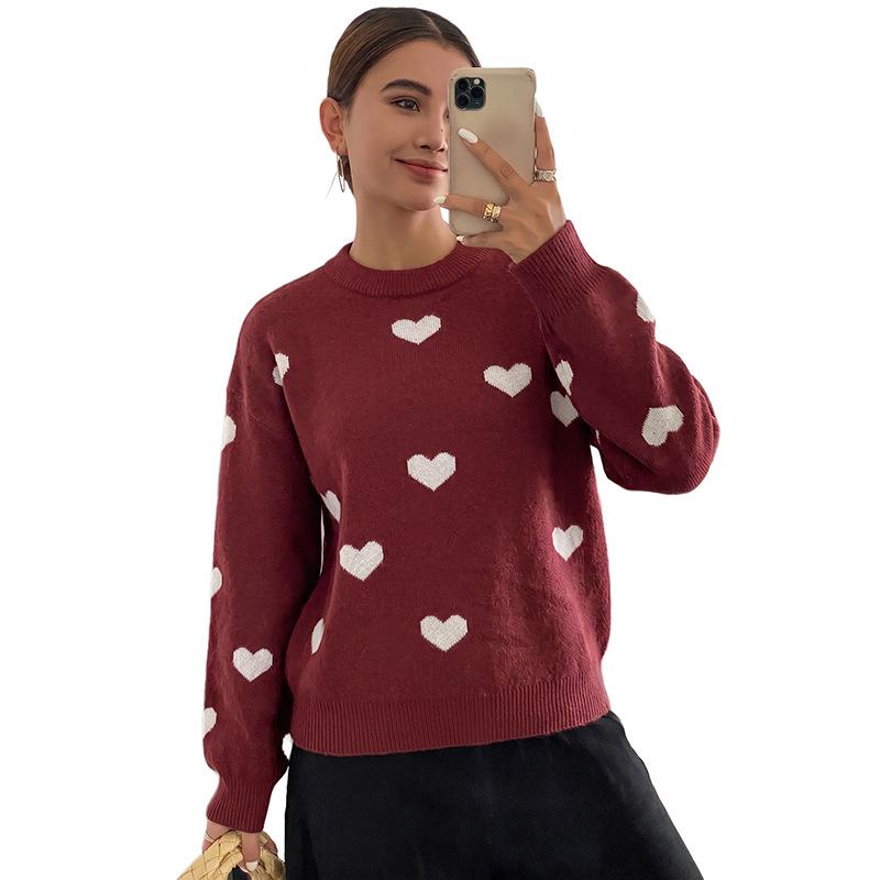2026 Autumn/Winter Heart Jacquard Loose Pullover Sweater - Fresh Sweet Style, Round Neck