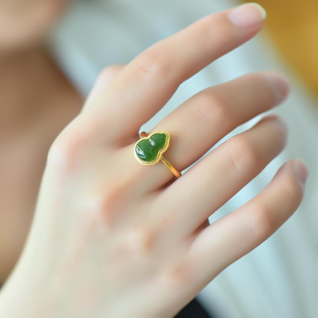 Xinjiang Hotan Jade S925 Silver Inlaid Spinach Green Jasper Gourd Ring