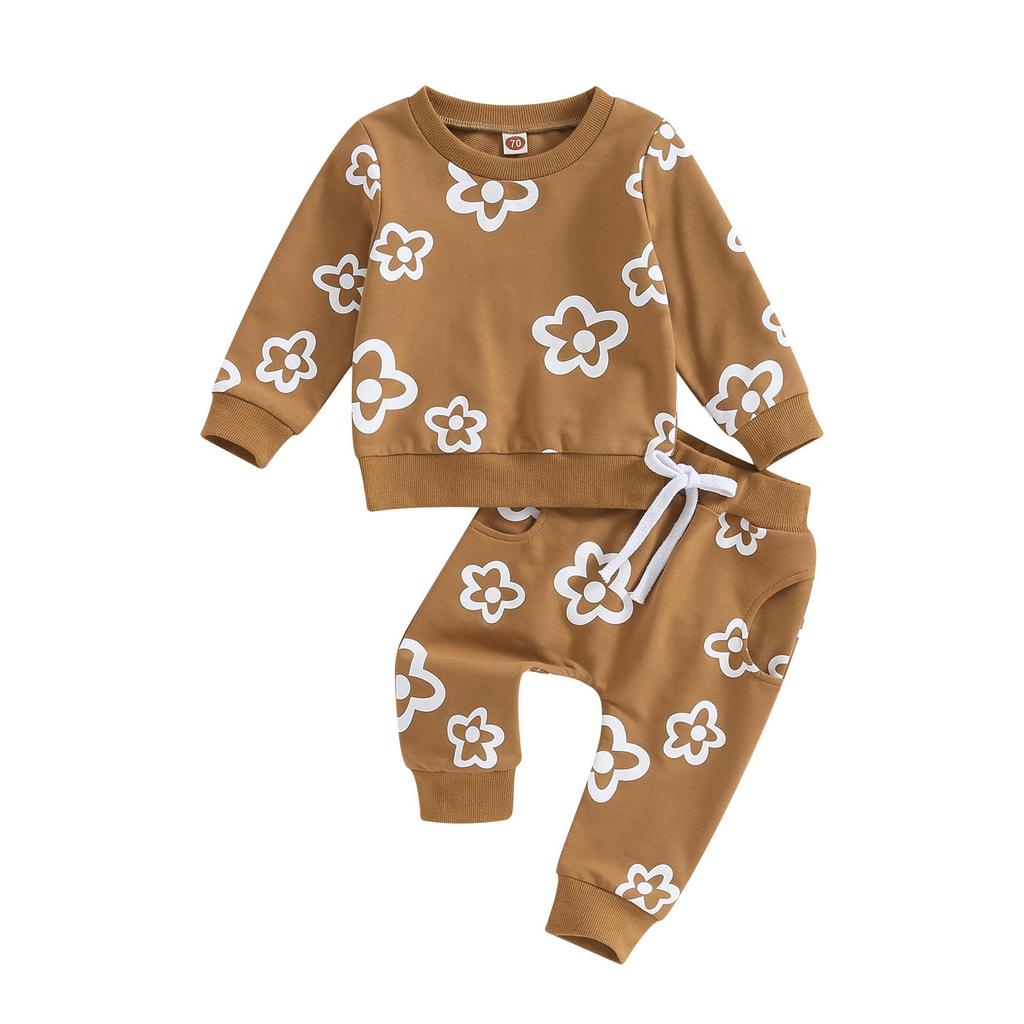 Baby Girls 2-piece Outfit, 6 12 18 24 Flower Print Long Sleeve Crew Neck Sweatshirt with Elastic Waist Sweatpants Fall Clothes