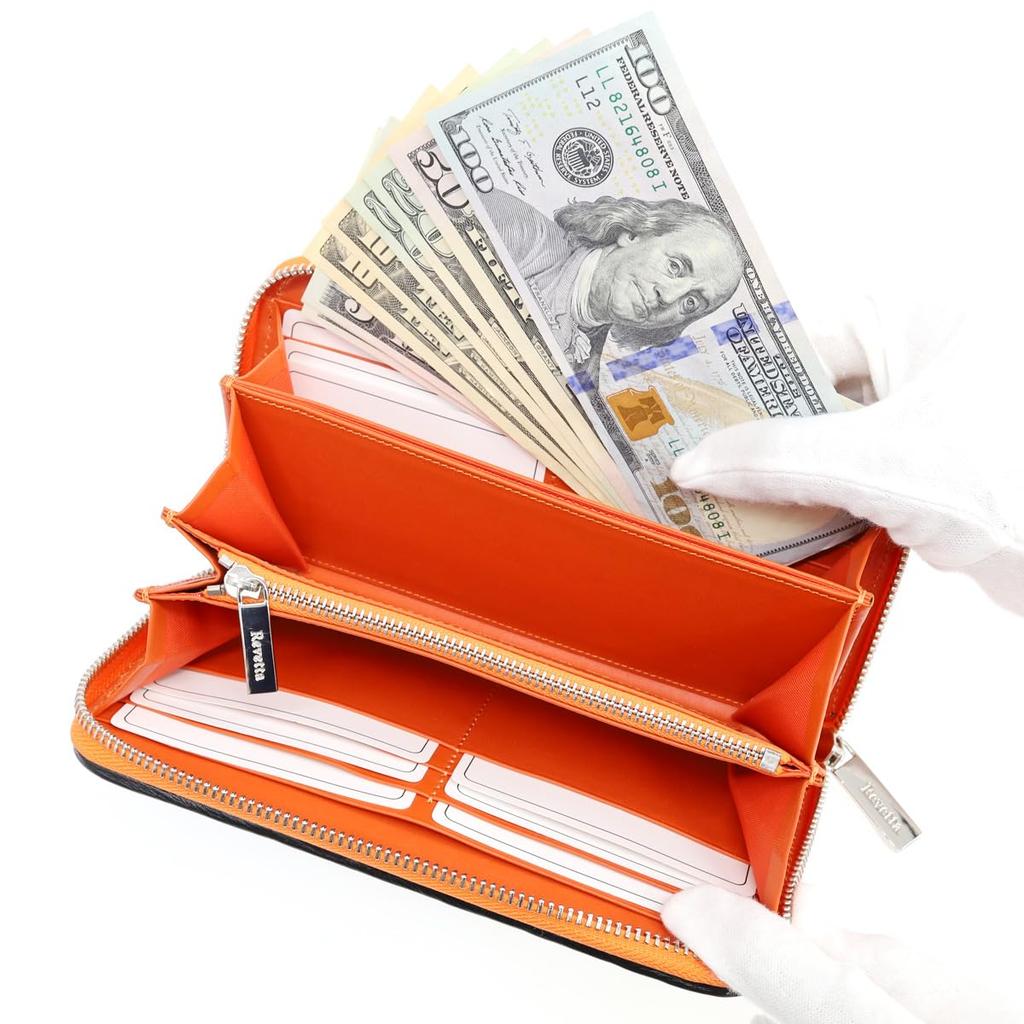 [Revetta] Мужской длинный кошелек из кожи крокодила, Черно-оранжевый, Изготовлен из цельного куска натуральной кожи с круглой молнией и матовой отделкой [244crw]