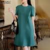 Летнее повседневное платье с круглым вырезом и короткими рукавами, однотонное