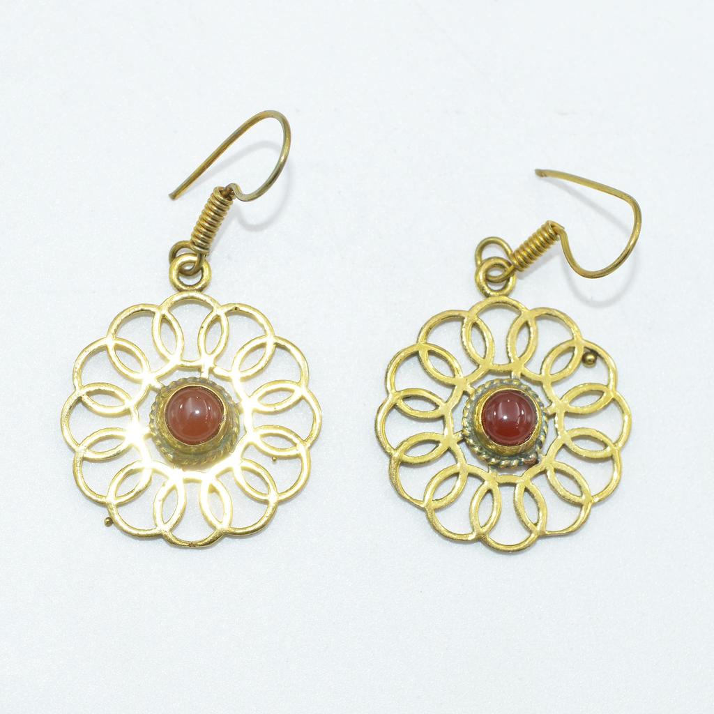 Brass Gold Plated Women's Earring, Natural Gemstone Cabochon Jewelry, Fashion Jewelry, Handmade Earring, Carnelian Earring