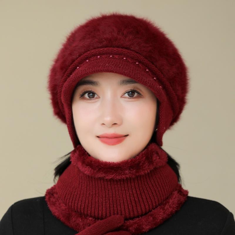 Winter Hat Female Faux Rabbit Fur Ear Protection Wool Hat Plush Thick Warm Knitted Hat