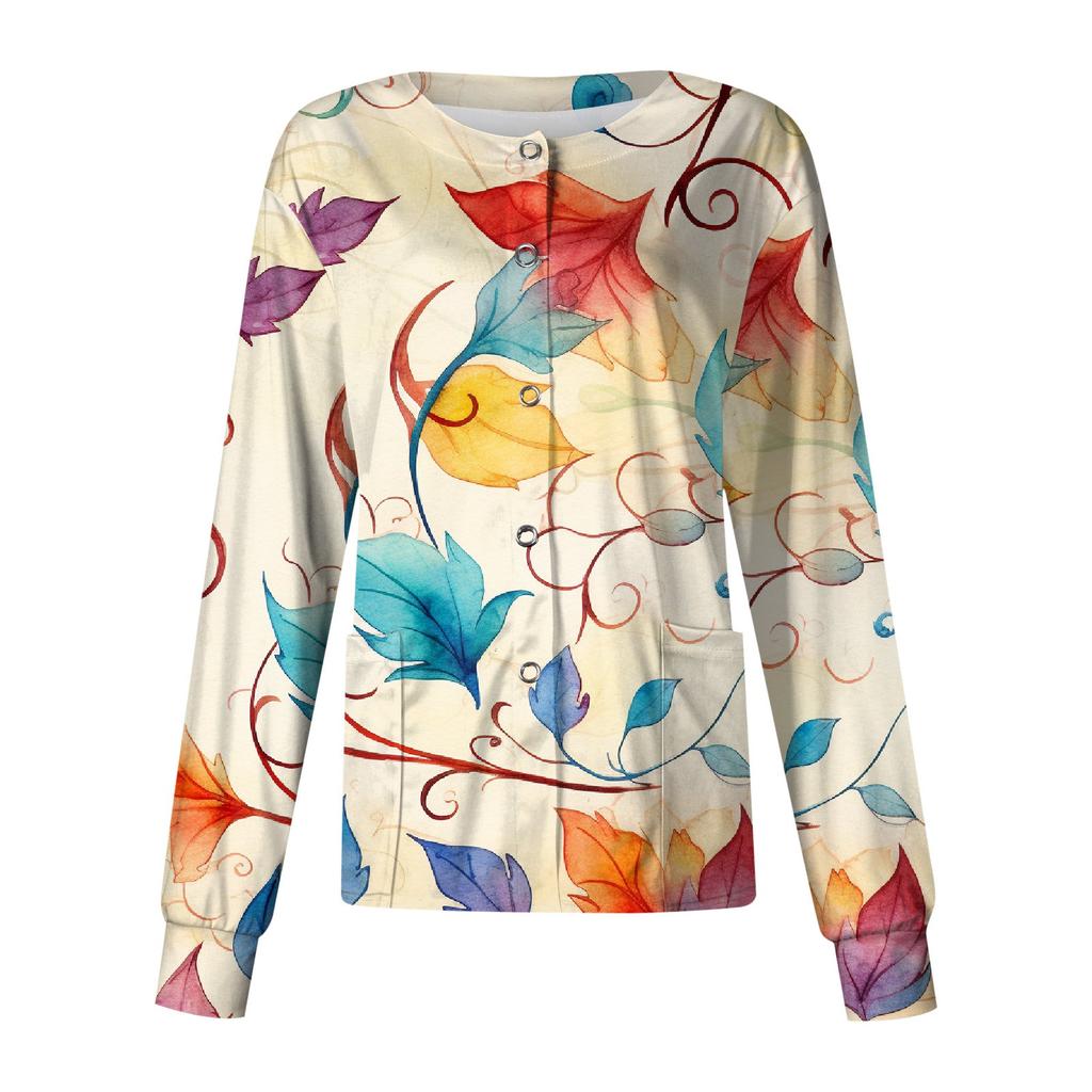 Женский однобортный защитный комбинезон с длинным рукавом и рождественским принтом, карманный рабочий воротник-стойка, кардиган, куртка, топ