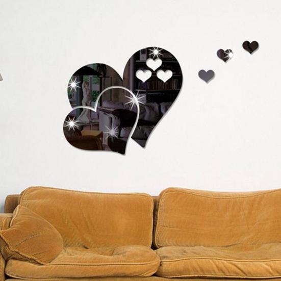 1 Set Heart Shape Acrylic Mirror Stickers Adhesive Removable Wall Stickers Solid Color Home Decoration