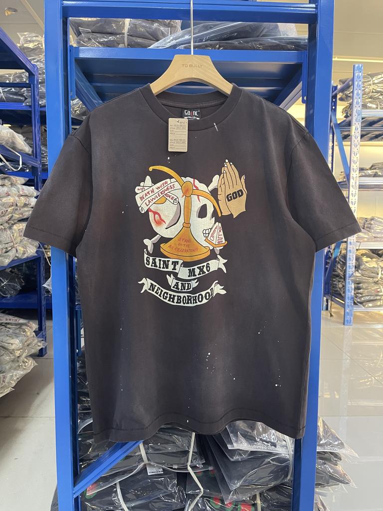 Винтажная футболка Saint 25SS NBHD с креативным принтом, уличный стиль, стирка, ретро, свободная, повседневная, чистый хлопок, короткий рукав