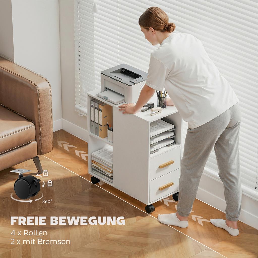 Printer Stand Printer Table with Adjustable Shelf, Casters for Fax Scanner 60 x 30 x 65 cm White