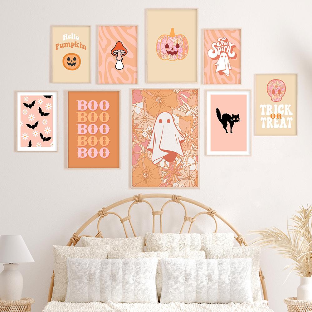 Хэллоуин настенная живопись печать милый пастель ретро холст картина бохо абстрактный тыква призрак плакат картины декор детской комнаты