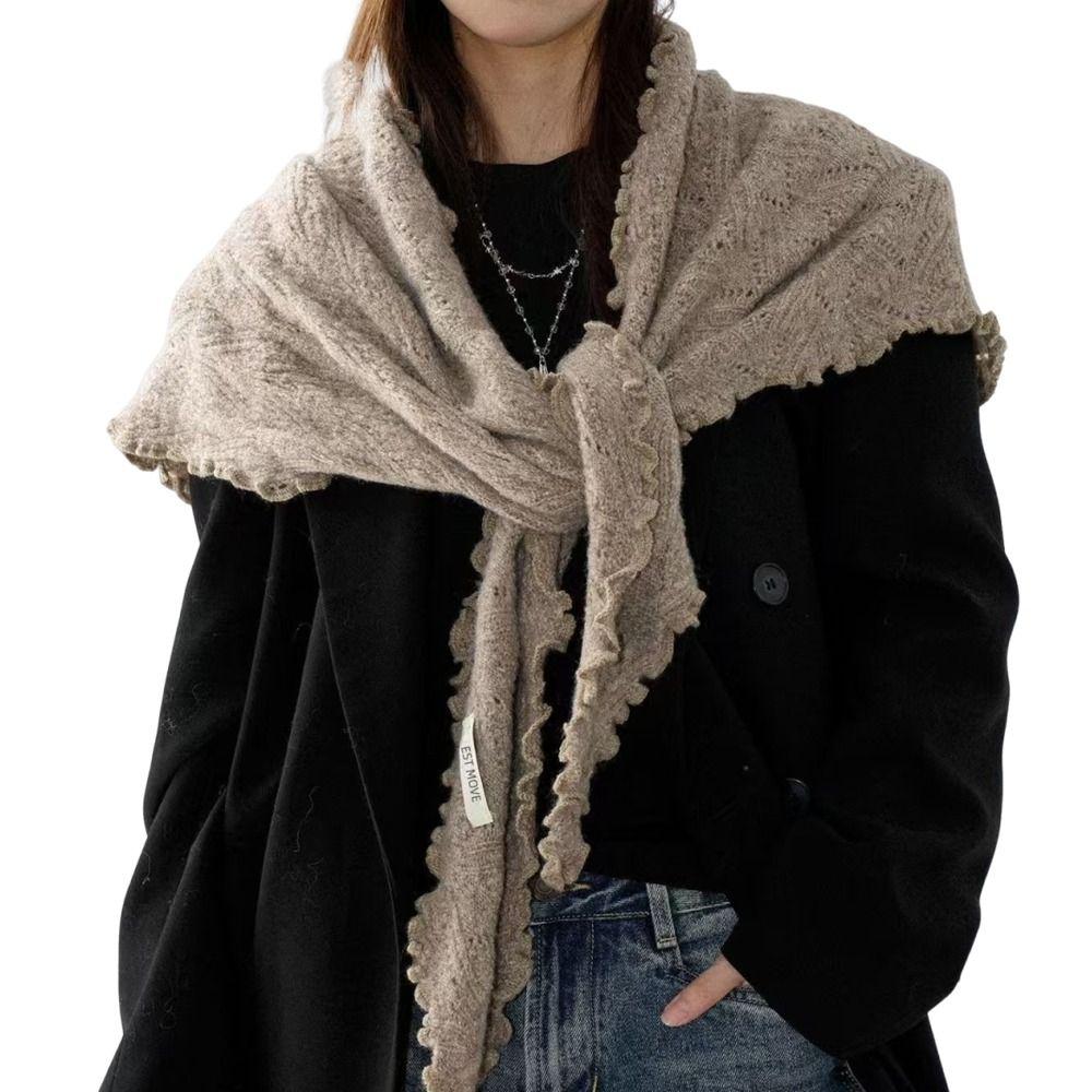 Soft Shawl Wrap Ruffled Edge Breathable Hollow Scarf Knitting Triangle Scarf Casual Outfit
