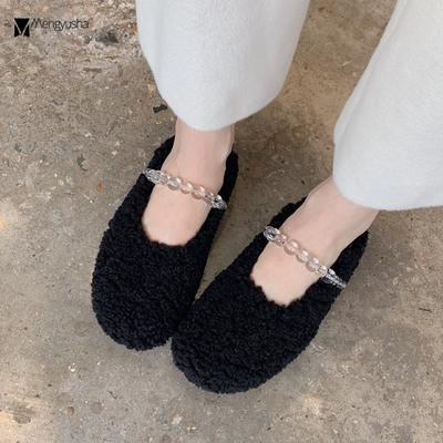 Модные шикарные мокасины из овечьей шерсти женские мокасины из бисера и кристаллов из хлопка Мэри Джейн женские меховые балетки плюшевые зимние туфли женские добавить кашемировые мокасины