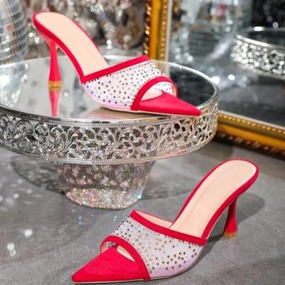 Женские сетчатые сексуальные тапочки на высоком каблуке, женские модельные туфли с острым носком, женские летние модные сандалии, новинка 2024, сланцы, брендовые туфли-лодочки