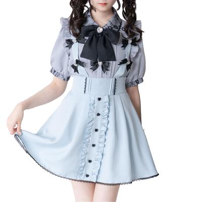 [Yumetenbo] Массовое производство одежды в стиле мины-ловушки [Dear My Love] Женская юбка с лентой на бретелях, 534684, Сине-серый, Yumetenbo