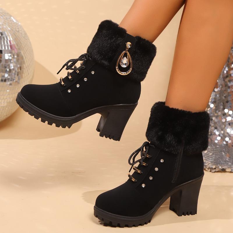 AJGS Зимние женские сапоги на высоком каблуке с перекрестными ремешками Короткие сапоги Удобные водонепроницаемые сапоги Теплая женская обувь больших размеров