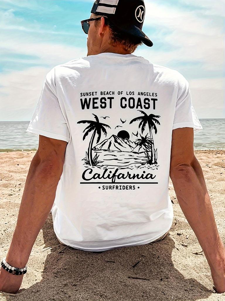 Summer Men's Cotton Vintage California Beach Graphic T-Shirt Sunset West Coast Surf Design Short Sleeve Round Neck Casual Tee