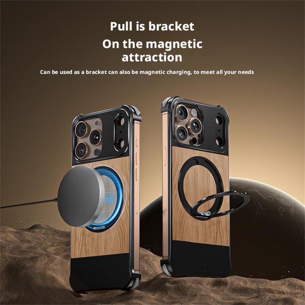 For iPhone 15 Pro Max Magnetic Case Borderless Walnut+Metal Kickstand Phone Cover