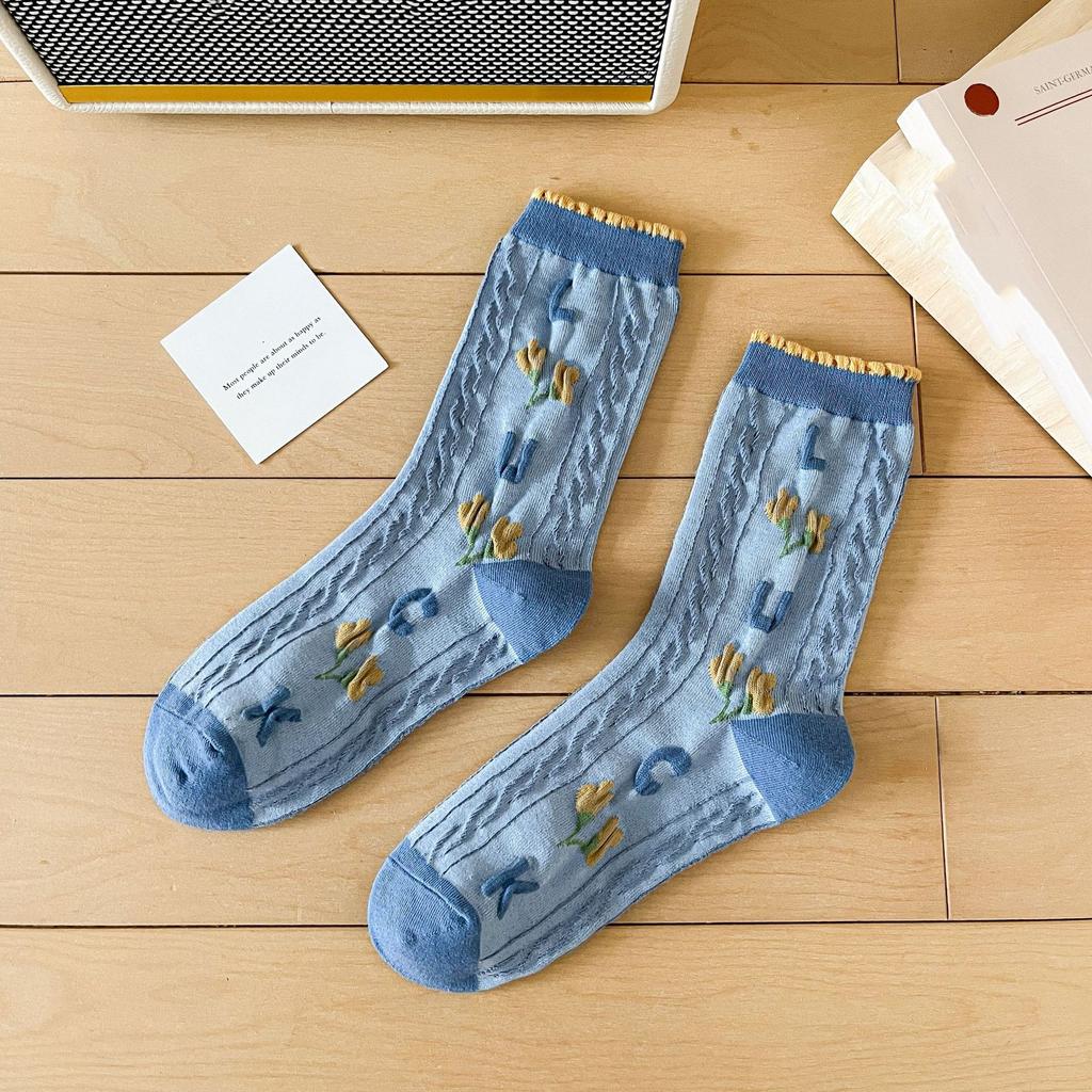New Harajuku Retro Women Socks Japanese Fashion Vintage Long Socks Korean Style Floral Embroidery Kawaii Cute Ruffle Socks