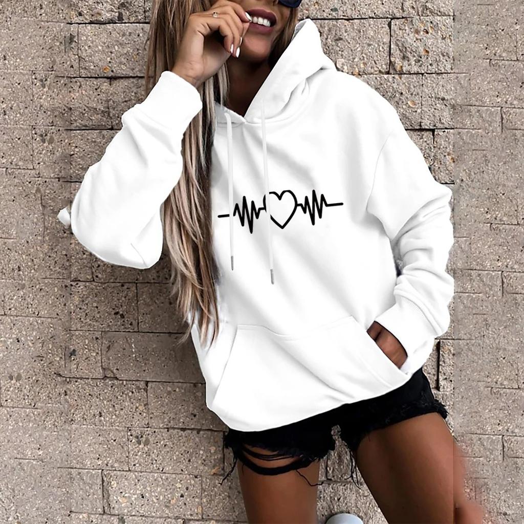 Women Fashion Casual Fun Print Hooded Sweatshirt Loose Sports Tops Pullover
