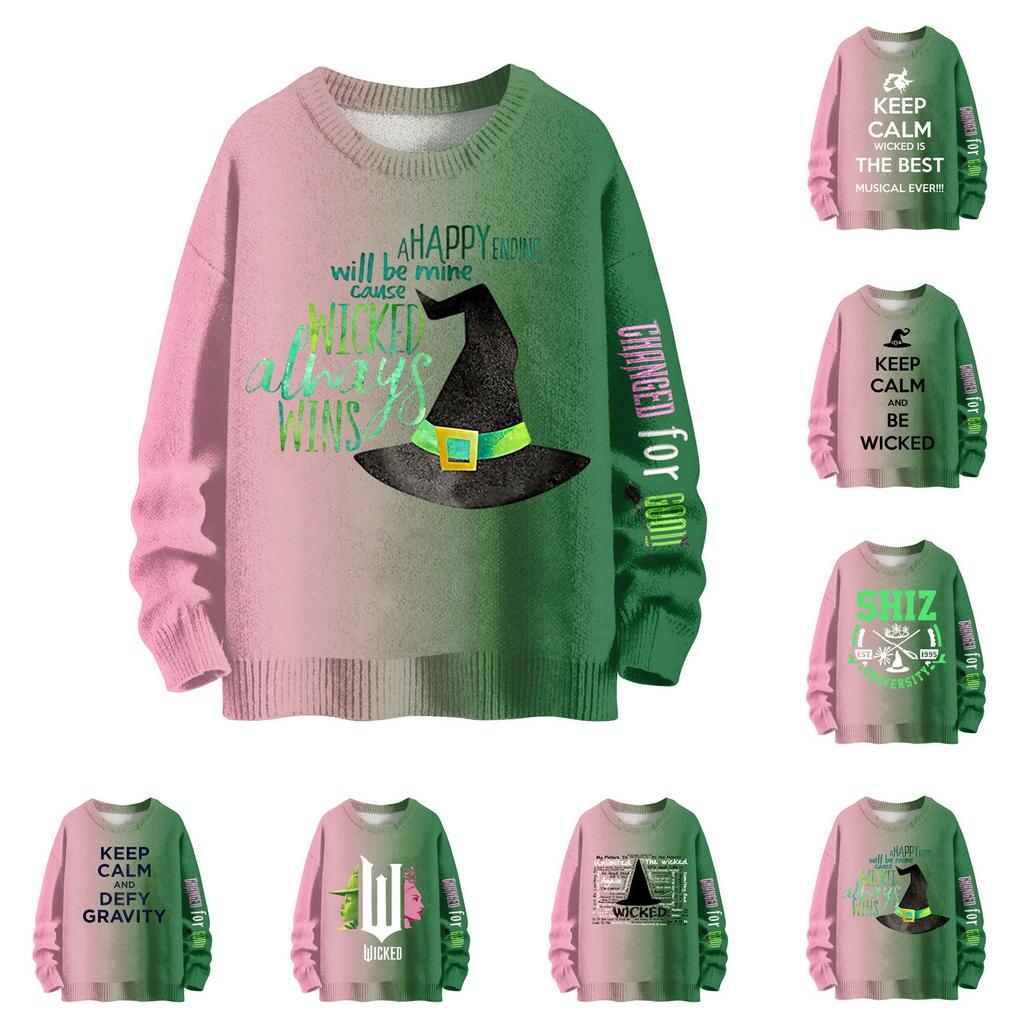 Женский модный повседневный шерстяной трикотажный топ с круглым вырезом и длинным рукавом с принтом, свободный трикотажный топ