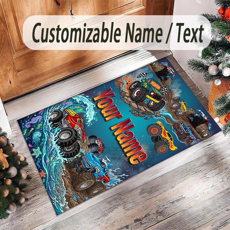 Monster Truck Theme Crystal Velvet Rug Personalized Custom Name Text Soft Floor Mat Home Decor