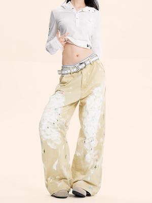 Yongfang Унисекс Ретро Брызги Высокая Посадка Потертые Прямые Комбинезоны