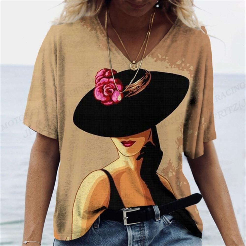 Harajuka абстрактные крутые футболки с принтом в стиле ретро, ​​женские универсальный пуловер с коротким рукавом, летние дизайнерские повседневные женские футболки с v-образным вырезом