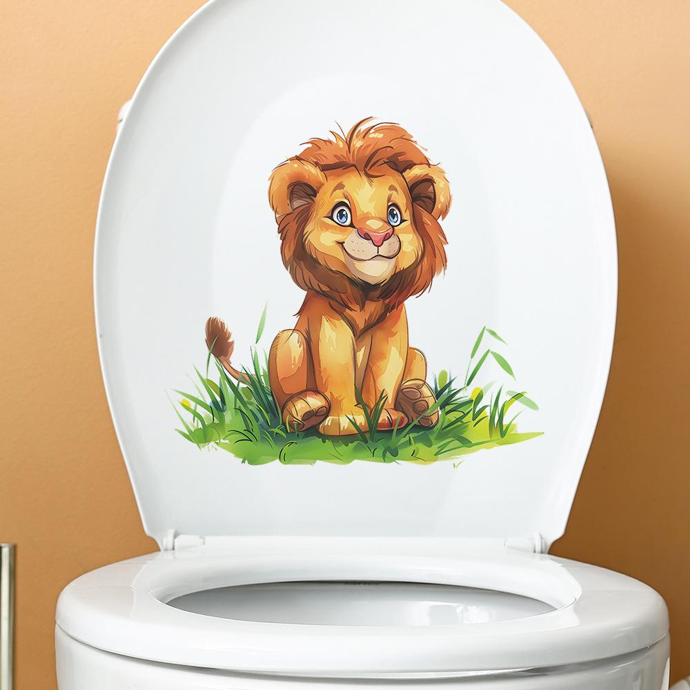 Playful Hand Painted Lion Cub in Grass Toilet and Wall Sticker Set Waterproof Self-Adhesive Removable Decal for Bathroom WC Decoration