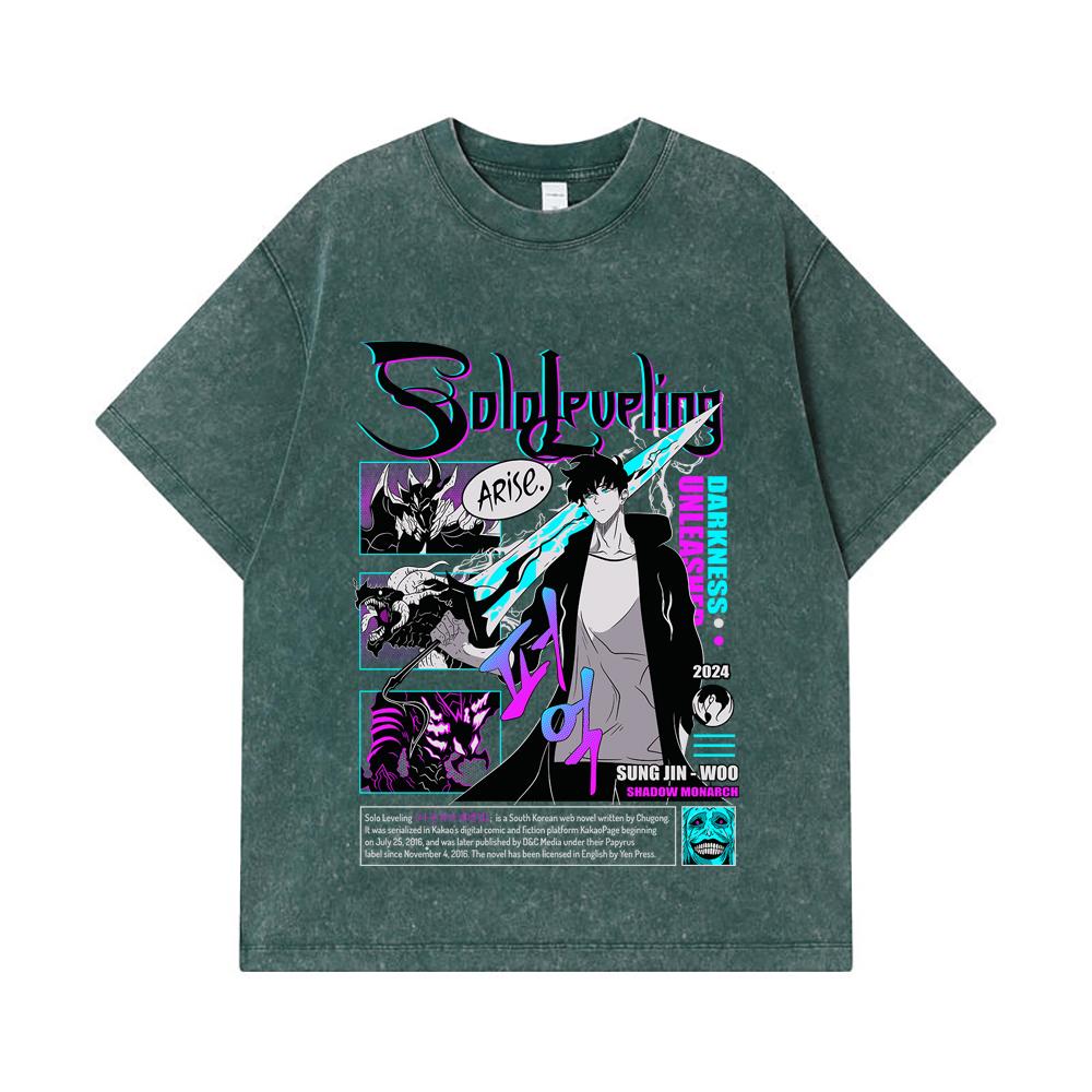 GSM Washed Tshirts Cotton Solo Leveling V Arise Print Unisex Heavy Cotton T Shirt