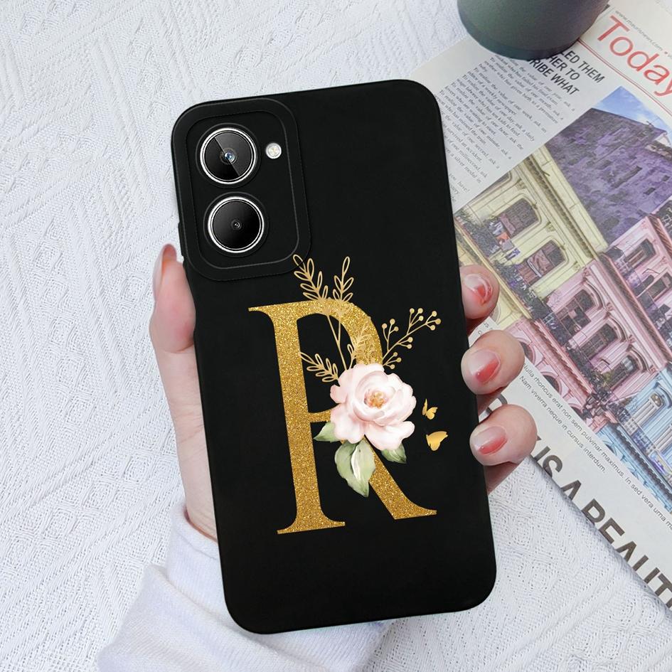 Case For OPPO Realme 2 5 6 7 8 Pro 9i Realme 9 10 Pro+ Luxury Liquid Silicone Soft TPU Couple Case Flower A-Z Letters For Realme Fundas Coques Bumper