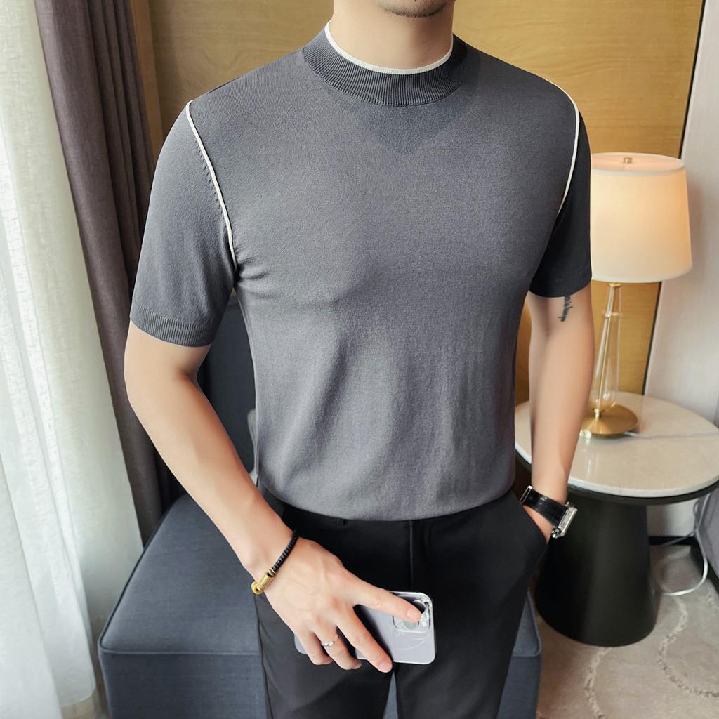 Летние мужские трикотажные футболки корейские элегантные с круглым вырезом и коротким рукавом мужские футболки облегающие повседневные пуловеры футболки Homme Plus Size