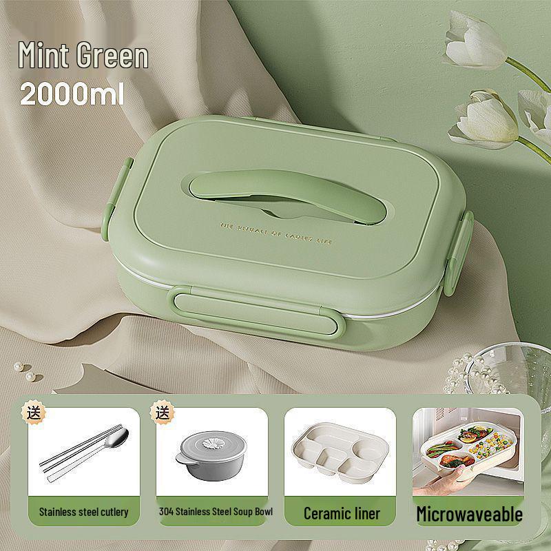 Insulated Ceramic & Stainless Steel Bento Box: Microwave-Friendly Lunch Box for Office & School, Divided for Easy Meal Storage.