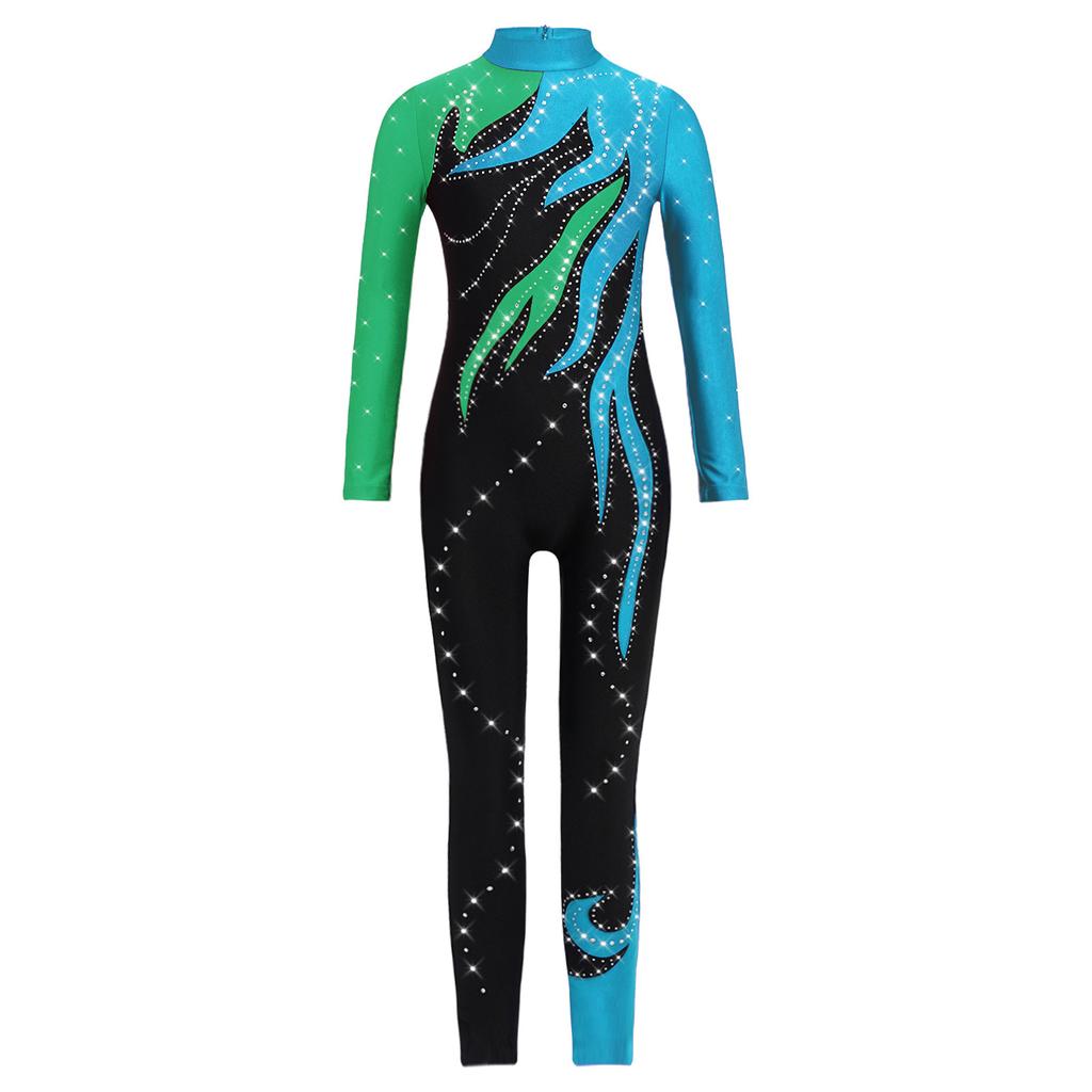 Девочки Цветной блок Гимнастический комбинезон Водолазка Длинный рукав Блестящие стразы Боди Комбинезон На все тело