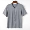 Men Button Down T-shirt Solid Color V-Neck Short Sleeve Tee Shirt Summer Casual
