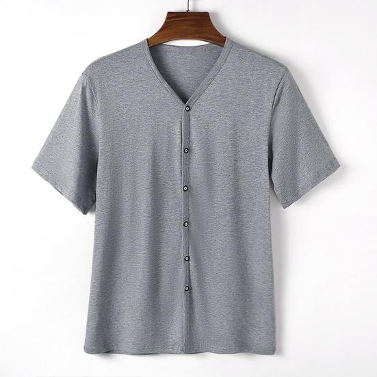 Men Button Down T-shirt Solid Color V-Neck Short Sleeve Tee Shirt Summer Casual