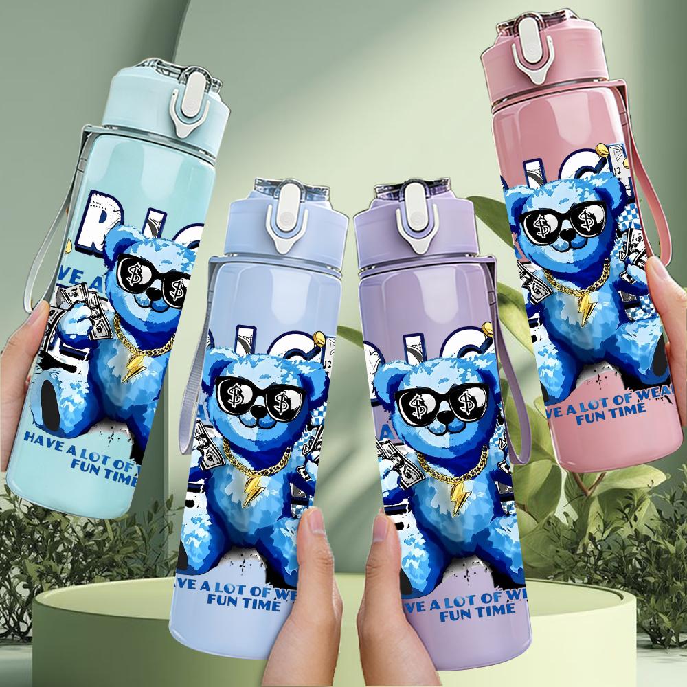 1PC Rich Blue Bear Glasses Portrait 750ml Color Plastic Water Bottle Leakproof Flip Straw Lid For Sports Office Home Use