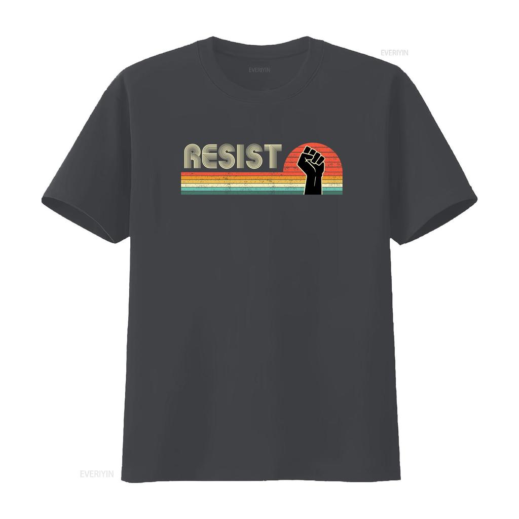Retro Resist T Shirt Vintage Sunset Design With Fist Symbol Trendy Streetwear For Protest And Style Vintage Stretched