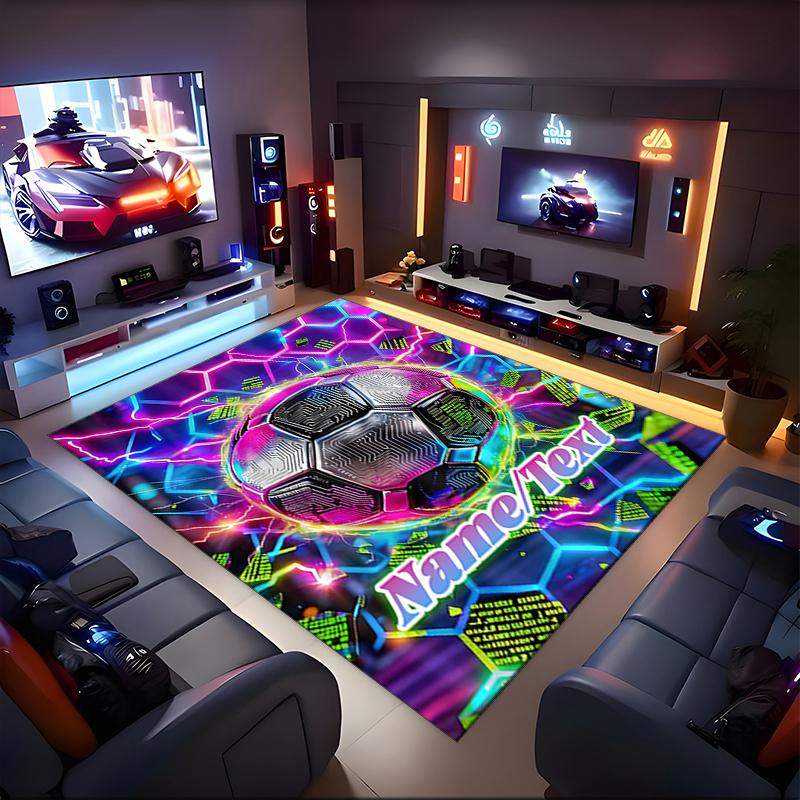 1PC Custom Name Futuristic Soccer Ball Theme Floor Mat Ideal for Living Room, Game Rooms, Office, Bedroom,Floor Mat Playful Design