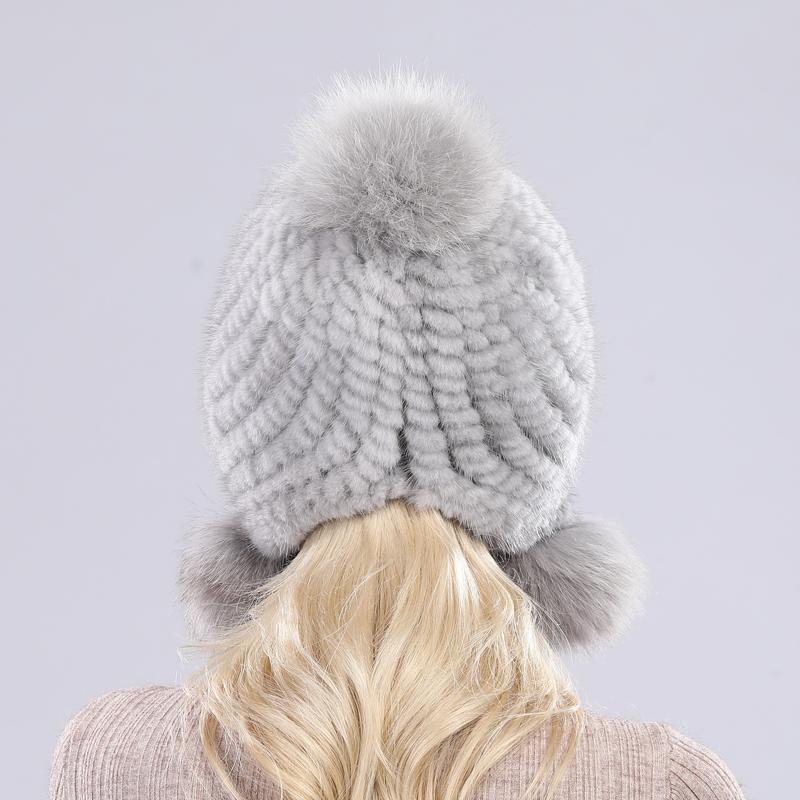 Women Winter Thick Real Mink Fur Hat with Fox Fur Pompoms Knitted Natural Fur Cap Lady Outdoor Warm 100% Real Mink Fur Hats