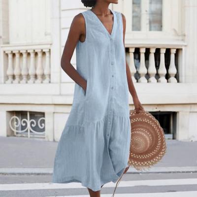Женское летнее платье без рукавов на пуговицах с V-образным вырезом, макси-платье, летнее свободное платье