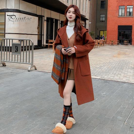 Women Winter Overcoat Hooded Pockets Pure Color Open Stitch Cardigan Mid Length Coat Thermal Long Sleeves Commuting Dating Winter Coat