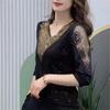 Женские летние весенне-осенние блузки, рубашки, женские модные топы с v-образным вырезом и v-образным вырезом с короткими рукавами и блестками, кружевные топы с вышивкой