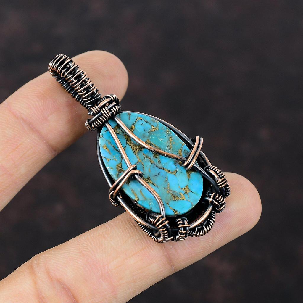 Медный кулон с бирюзой цвета меди Кулон, обмотанный медной проволокой Украшения из натуральных драгоценных камней Кулон ручной работы Красивые медные украшения Подарок на помолвку