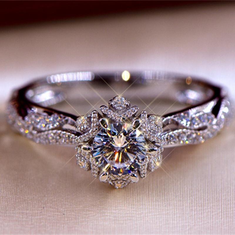 Винтажное кольцо с белым камнем круглой огранки, цветочное кольцо для невесты, обручальное кольцо, размер 5-10