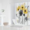 Bright yellow and gray floral patterned shower curtain, polyester fabric machine washable with hooks suitable for bathroom décor